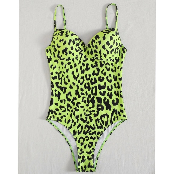 neon green and leopard swimsuit
